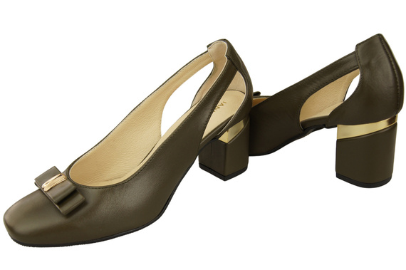 Buty Czółenka Damskie Oliwkowe z Naturalnej Skóry z Ozdobnym Obcasem 199 ElitaBut