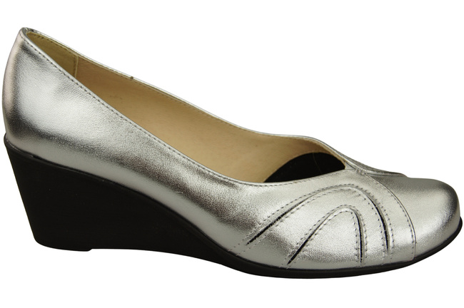 Buty na Koturnie Srebrne Czółenka Damskie z Naturalnej Skóry 828 ElitaBut