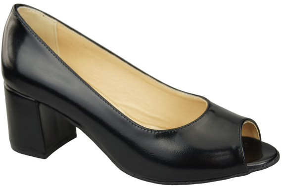 Obuwie Damskie Czółenka PEEP TOE Czarne Błyszczące Skóra naturalna z Powleczonym Obcasem 192 ElitaBut