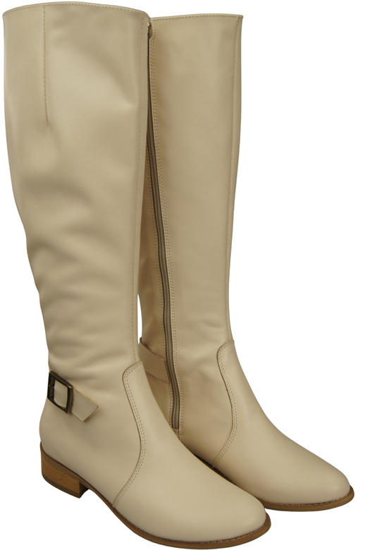 Skórzane Kozaki Damskie Beżowe Ocieplane Oficerki, Płaskie 225 ElitaBut