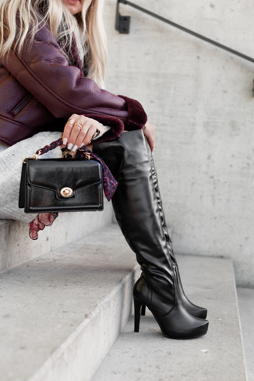 Obuwie Kozaki Damskie Czarne Platforma Obcas Szpilka Cholewka Za Kolano skóra naturalna 692 ElitaBut