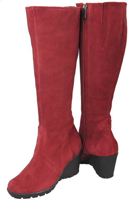 Obuwie Kozaki Damskie Koturna Bordowe skóra naturalna welurowa 745 ElitaBut