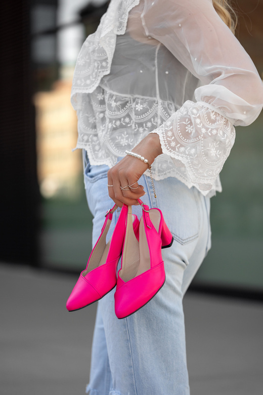 Obuwie Damskie Sandały Neonowy Róż na Słupku Skóra Naturalna 217 ElitaBut