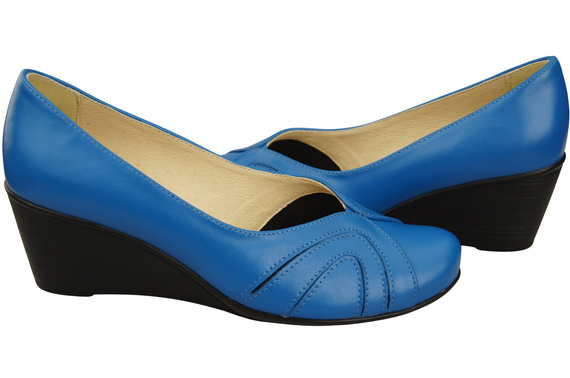 Buty na Koturnie Niebieskie Czółenka Damskie z Naturalnej Skóry 828 ElitaBut