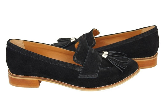 Obuwie Mokasyny Damskie Skóra Naturalna Welurowa Czarne 134 ElitaBut