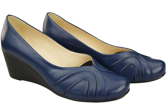 Buty na Koturnie Granatowe Czółenka Damskie z Naturalnej Skóry 828 ElitaBut