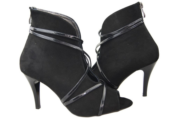 Obuwie Botki Damskie Peep Toe Skóra Naturalna Zamszowa Czarne 107 ElitaBut