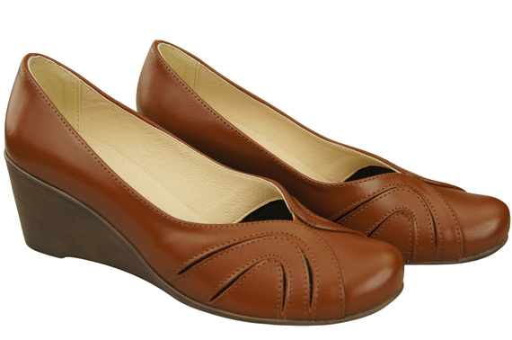 Buty na Koturnie Brązowe Czółenka Damskie z Naturalnej Skóry 828 ElitaBut