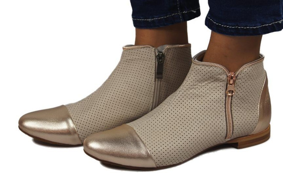 Obuwie Botki Ażurowe Damskie skóra naturalna Beż Złote 821 ElitaBut