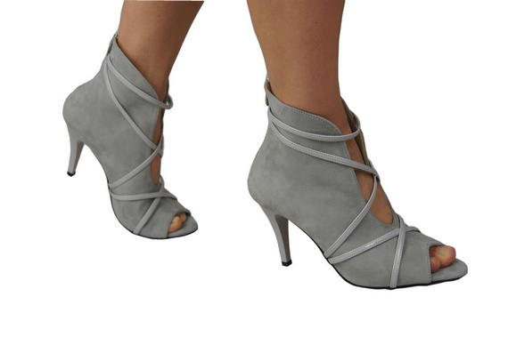 Obuwie Botki Damskie Peep Toe Skóra Naturalna Zamszowa Popielate 107 ElitaBut