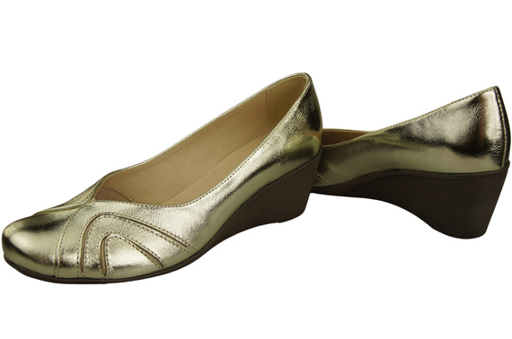 Buty na Koturnie Złote Czółenka Damskie z Naturalnej Skóry 828 ElitaBut