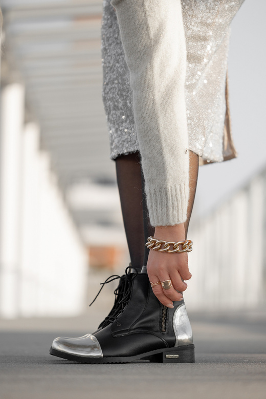 Obuwie Botki Damskie Zima skóra naturalna Czarne Złote 820 Z ElitaBut