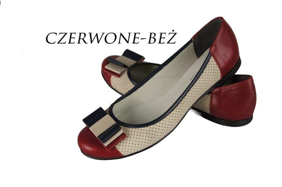 Obuwie Baleriny Damskie Ażurowe Skóra Naturalna Czerwone-Beż 718 ElitaBut