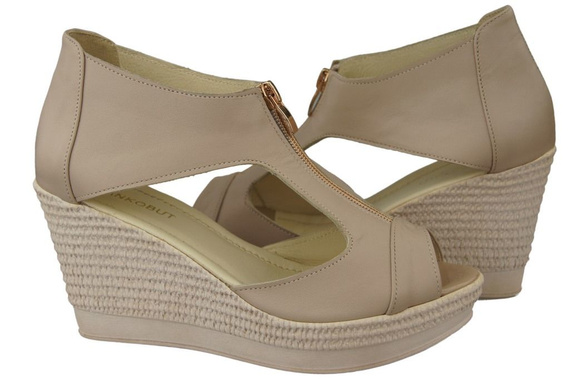 Obuwie Sandały Damskie Koturna skóra naturalna Cappuccino Lico 993 ElitaBut