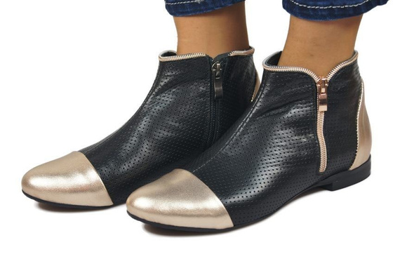 Obuwie Botki Ażurowe Damskie skóra naturalna Czarne Złote 821 ElitaBut