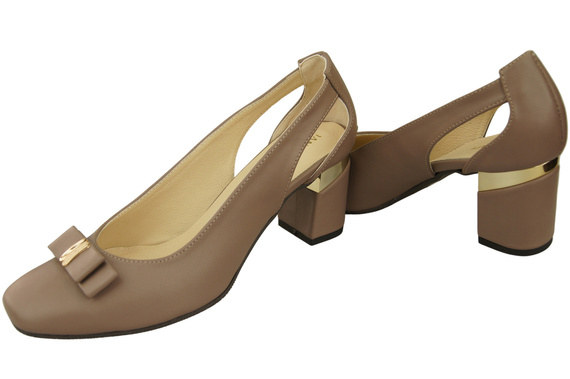 Buty Czółenka Damskie Cappuccino Ciemne z Naturalnej Skóry z Ozdobnym Obcasem 199 ElitaBut