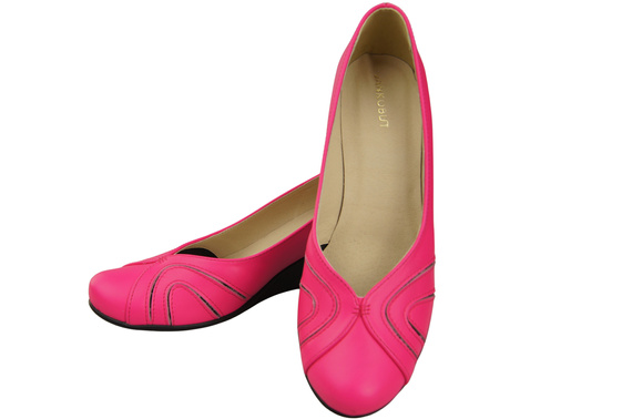 Buty na Koturnie Neonowy Róż Czółenka Damskie z Naturalnej Skóry 828 ElitaBut