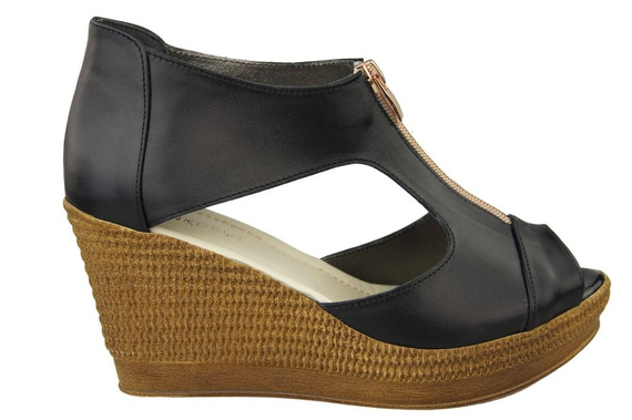 Obuwie Sandały Damskie Koturna skóra naturalna Czarne 993 ElitaBut