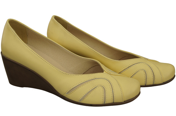 Buty na Koturnie Bananowy Czółenka Damskie z Naturalnej Skóry 828 ElitaBut