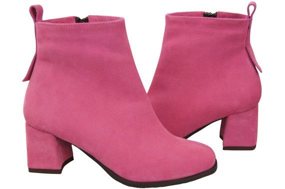 Botki Damskie Fuksja ze Skóry Naturalnej Welurowej na Stabilnym Słupku z Zamkiem 224 ElitaBut