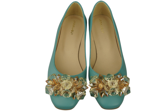 Damskie Czółenka Turkusowe z Kryształkami płaskie Skóra naturalna 216 ElitaBut