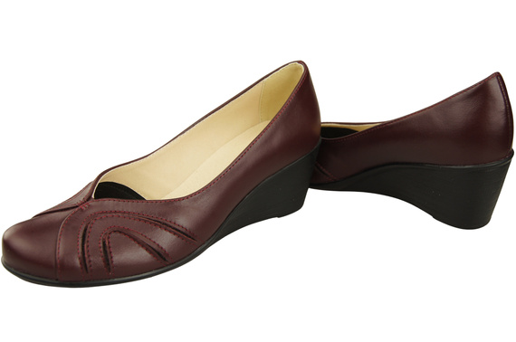 Buty na Koturnie Bordowe Czółenka Damskie z Naturalnej Skóry 828 ElitaBut