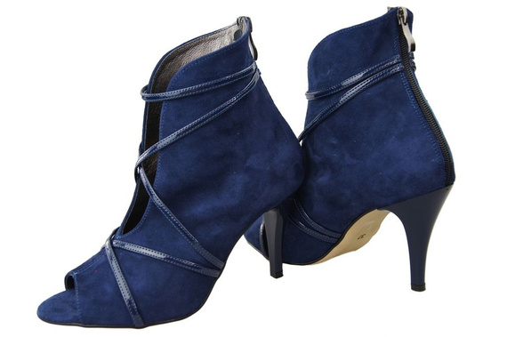 Obuwie Botki Damskie Peep Toe Skóra Naturalna Zamszowa Granatowe 107 ElitaBut