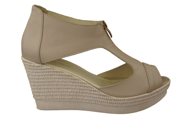 Obuwie Sandały Damskie Koturna skóra naturalna Cappuccino Lico 993 ElitaBut