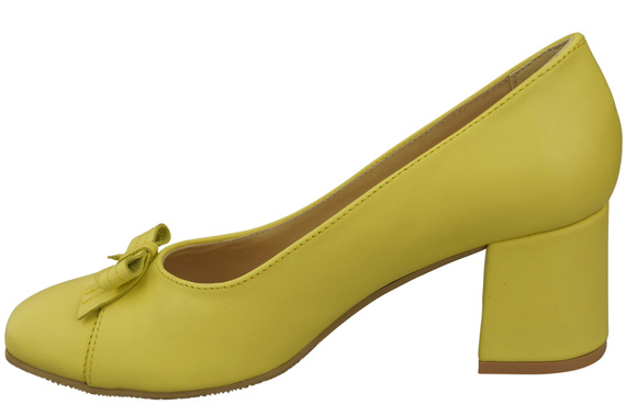 Czółenka Damskie z Kokardką Cytrynowe Skóra Naturalna i Niski Obcas 203 ElitaBut