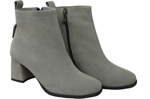 Botki Damskie Popielate ze Skóry Naturalnej Welurowej na Stabilnym Słupku z Zamkiem 224 ElitaBut