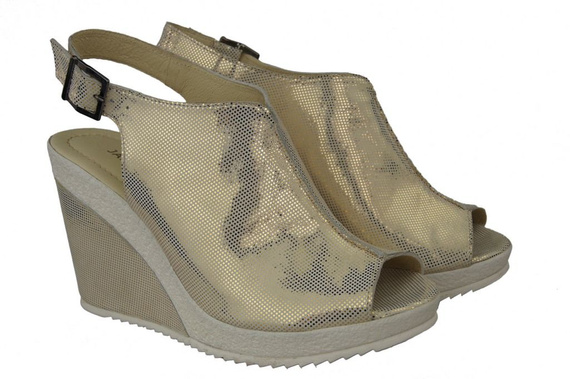 Obuwie Sandały Damskie Koturna skóra naturalna Złote 992 ElitaBut