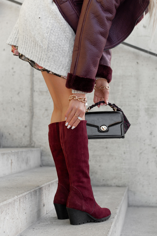 Obuwie Kozaki Damskie Koturna Bordowe skóra naturalna welurowa 745 ElitaBut