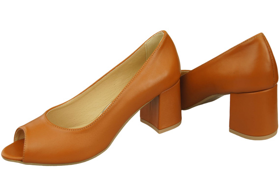 Obuwie Damskie Czółenka PEEP TOE Rude Skóra naturalna z Powleczonym Obcasem 192 ElitaBut