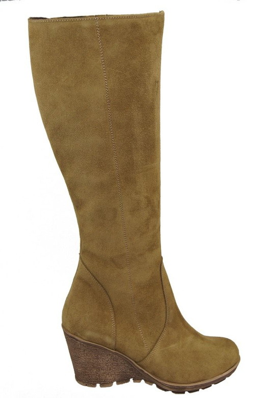 Obuwie Kozaki Damskie Koturna Oliwka skóra naturalna welurowa 745 ElitaBut