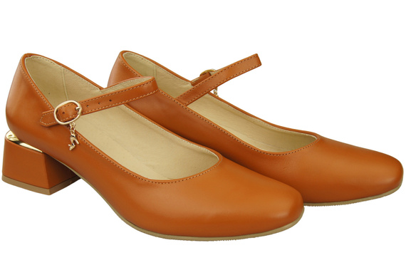 Obuwie Damskie Czółenka z Paskiem Rude Skóra naturalna 202 ElitaBut