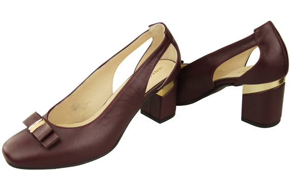 Buty Czółenka Damskie Bordowe z Naturalnej Skóry z Ozdobnym Obcasem 199 ElitaBut