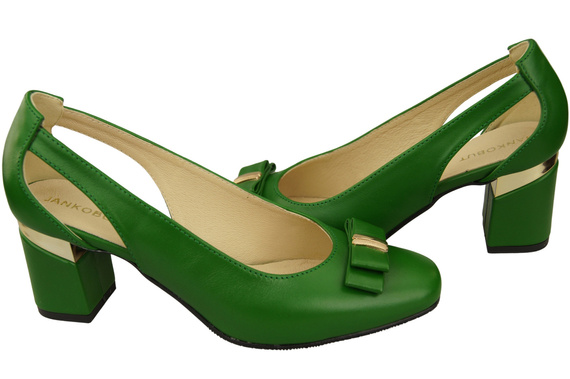 Buty Czółenka Damskie Zielone z Naturalnej Skóry z Ozdobnym Obcasem 199 ElitaBut