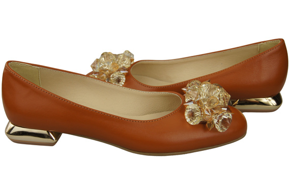 Damskie Czółenka Rude z Kryształkami płaskie Skóra naturalna 216 ElitaBut