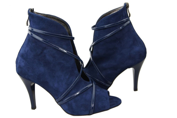 Obuwie Botki Damskie Peep Toe Skóra Naturalna Zamszowa Granatowe 107 ElitaBut