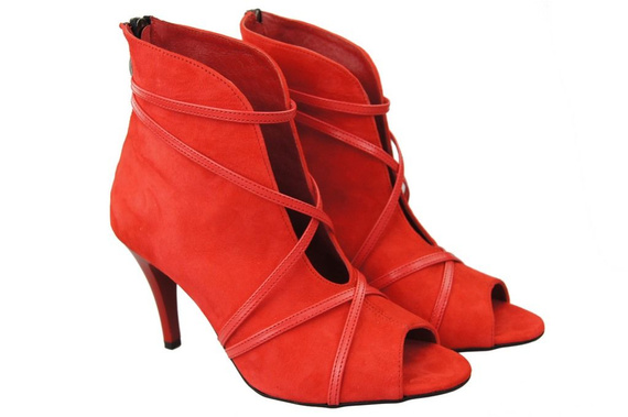 Obuwie Botki Damskie Peep Toe Skóra Naturalna Zamszowa Czerwone 107 ElitaBut