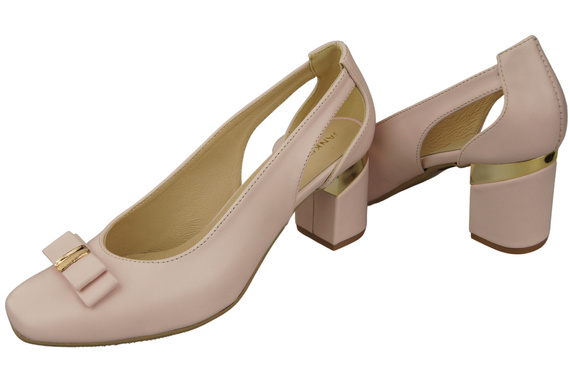 Buty Czółenka Damskie Róż Pudrowy z Naturalnej Skóry z Ozdobnym Obcasem 199 ElitaBut