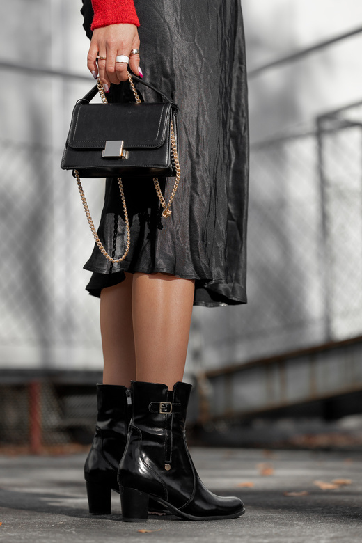 Obuwie Botki Damskie Czarne Błyszczące Ocieplane skóra naturalna 882 Z ElitaBut