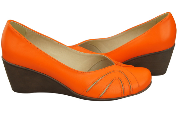 Buty na Koturnie Pomarańczowe Czółenka Damskie z Naturalnej Skóry 828 ElitaBut