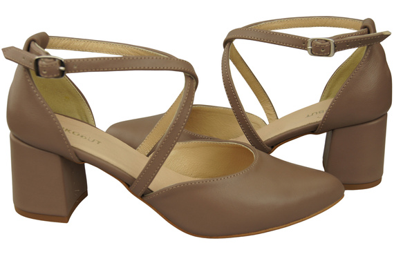 Eleganckie Cappuccino Ciemne Sandały Skórzane z odkrytymi bokami na stabilnym obcasie 218 ElitaBut