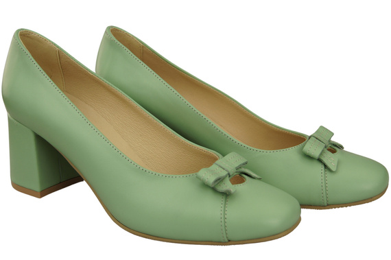 Czółenka Damskie z Kokardką Miętowe Skóra Naturalna i Niski Obcas 203 ElitaBut