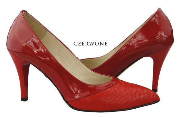 Obuwie Damskie Czółenka motyw łuski Skóra Naturalna Czerwone 951 ElitaBut