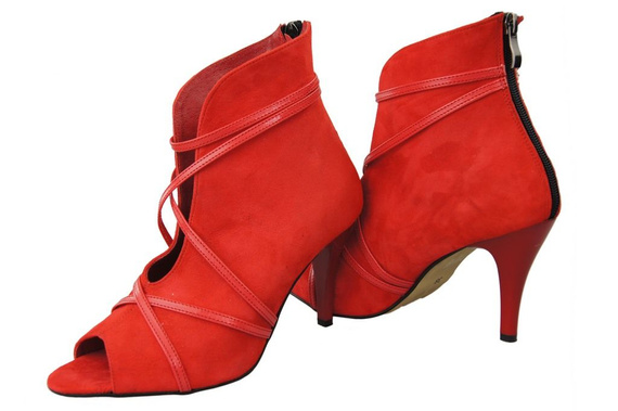 Obuwie Botki Damskie Peep Toe Skóra Naturalna Zamszowa Czerwone 107 ElitaBut
