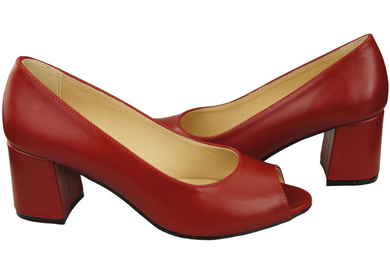 Obuwie Damskie Czółenka PEEP TOE Czerwone Skóra naturalna z Powleczonym Obcasem 192 ElitaBut