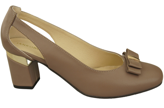 Buty Czółenka Damskie Cappuccino Ciemne z Naturalnej Skóry z Ozdobnym Obcasem 199 ElitaBut