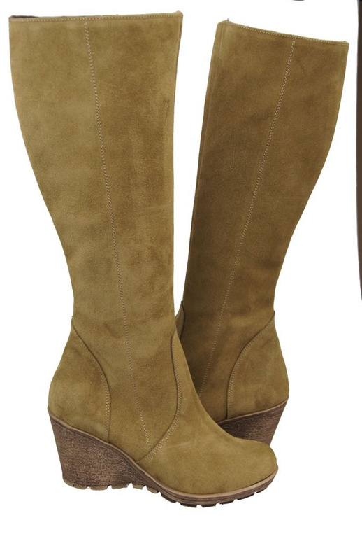 Obuwie Kozaki Damskie Koturna Oliwka skóra naturalna welurowa 745 ElitaBut